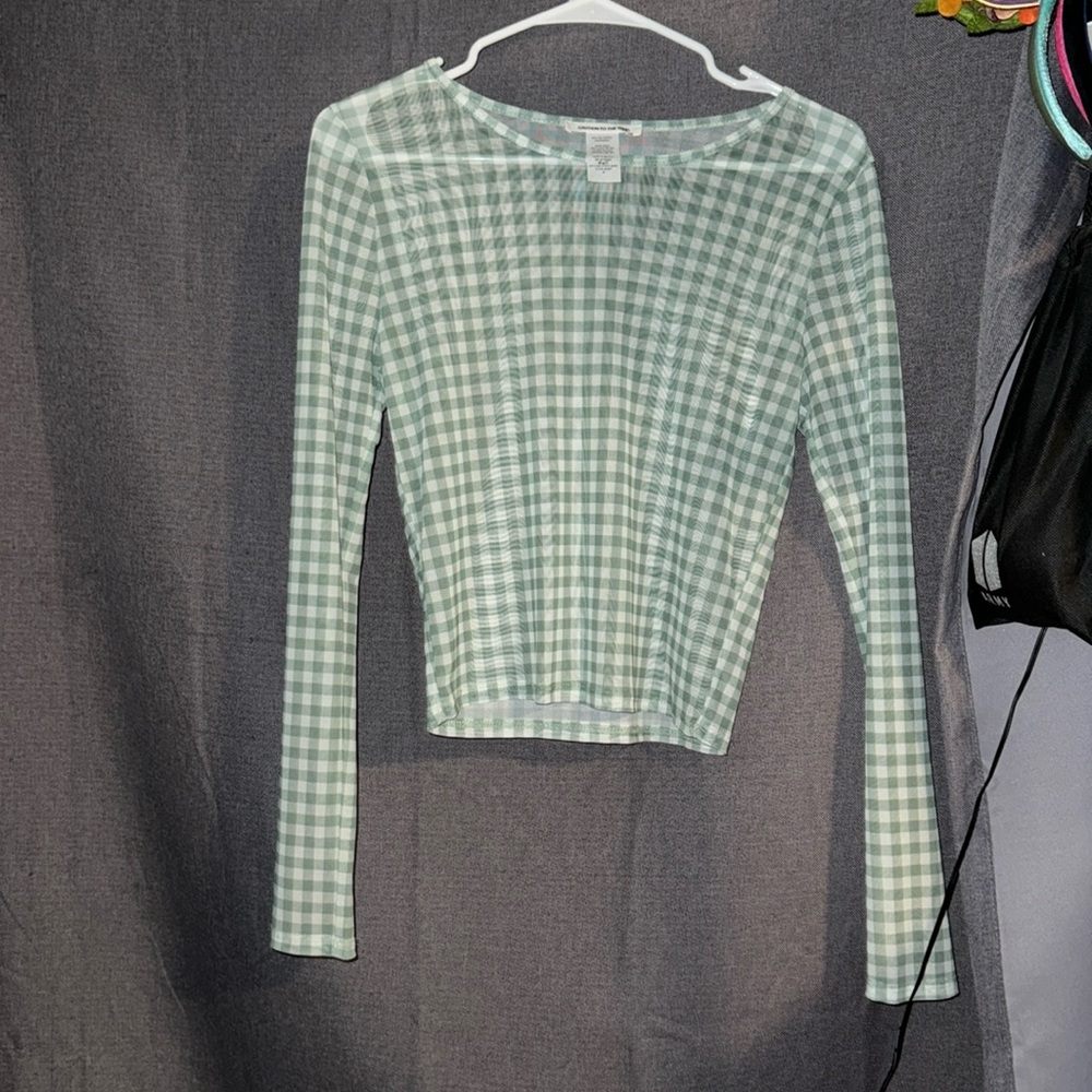 Plaid Green and White Long Sleeve Mesh Tee